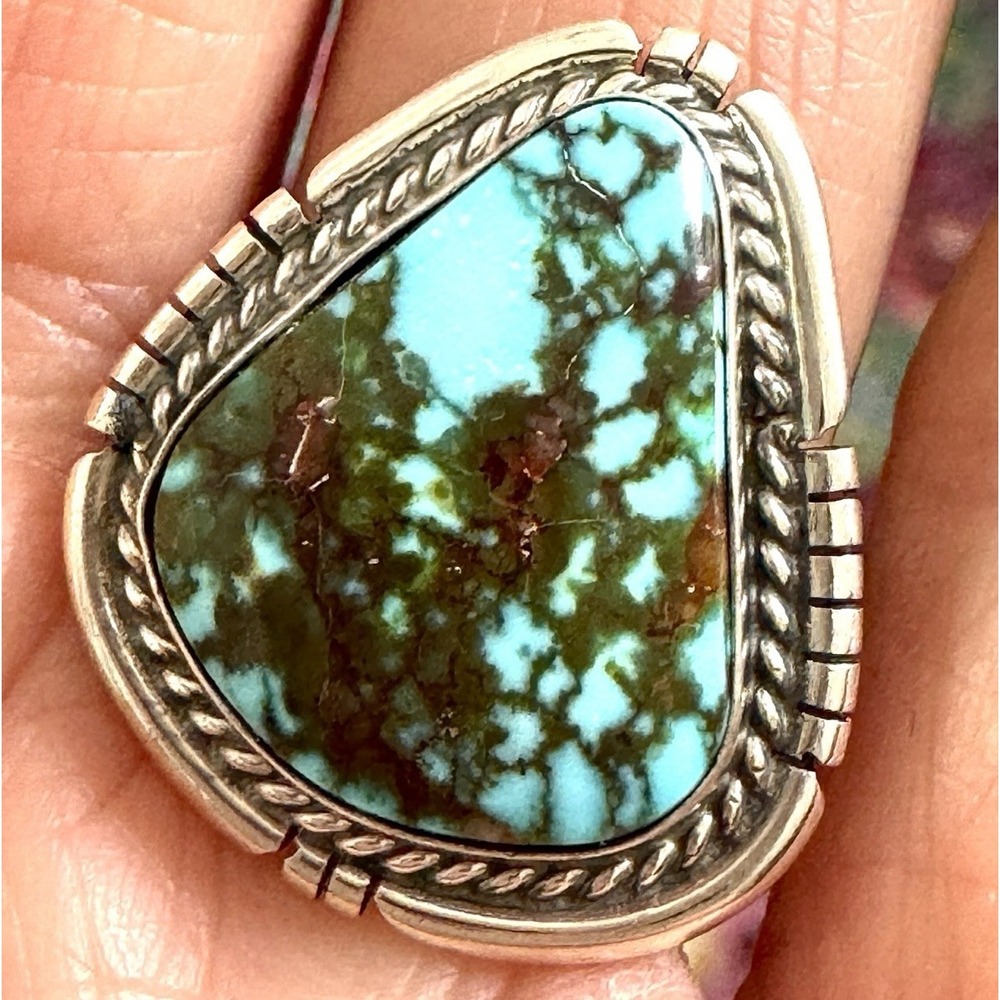 Navajo Turquoise Ring‎ Sz 8 Signed Skeets High Shine Sterling Native American